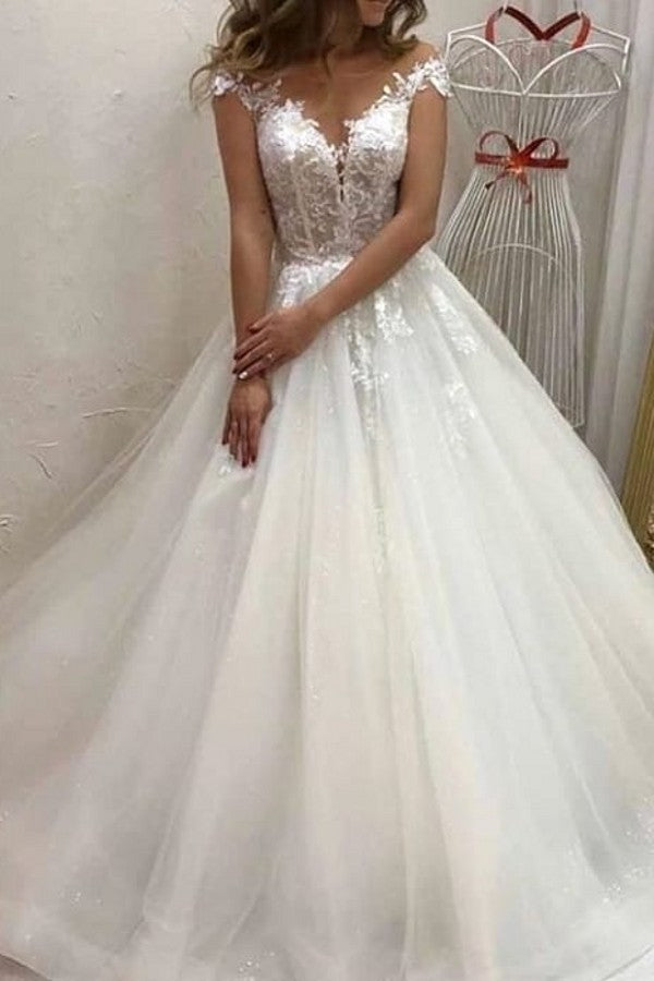Long A-line Sweetheart Off the Shoulder Appliques Lace Tulle Train Wedding Dress