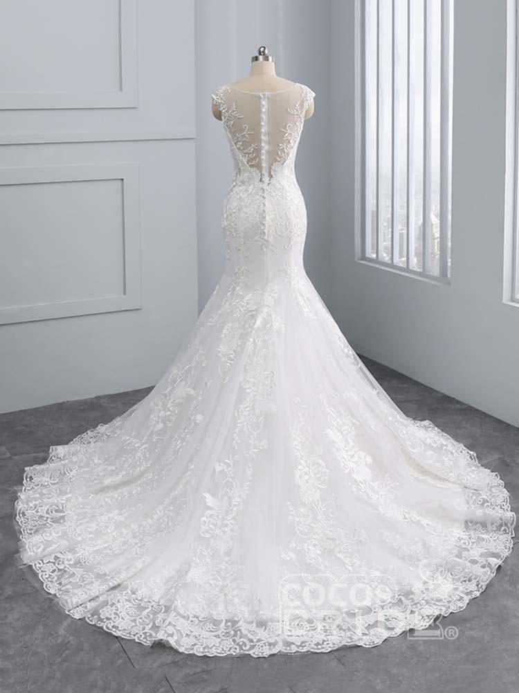 Elegant Long V-Neck Lace Tulle Mermaid Wedding Dresses