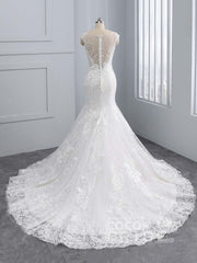 Elegant Long V-Neck Lace Tulle Mermaid Wedding Dresses