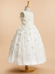 Long A-line Tulle Lace Flower Girl Dresses White First Communion Dress