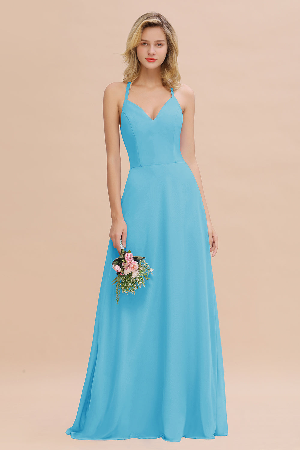 Stylish Chiffon Spaghetti Straps Sleeveless Long Bridesmaid Dress