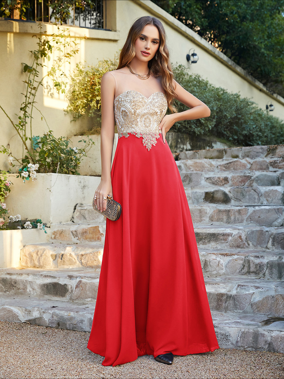 Elegant Long A-line Chiffon Sleeveless Tulle Lace Appliques Prom Dress