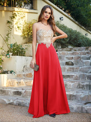 Elegant Long A-line Chiffon Sleeveless Tulle Lace Appliques Prom Dress