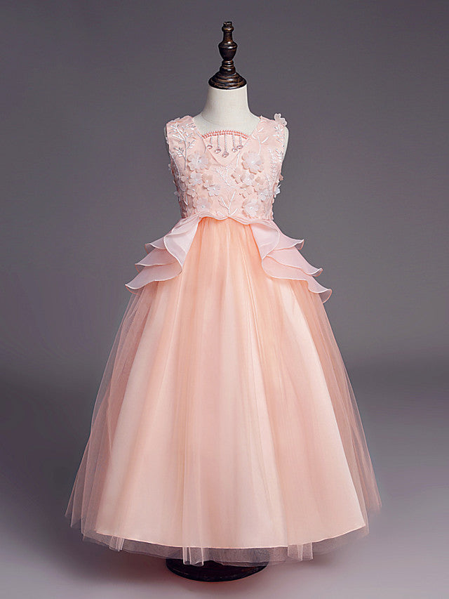 White Long A-line Tull Lace Sleeveless Jewel Neck Flower Girl Dresses