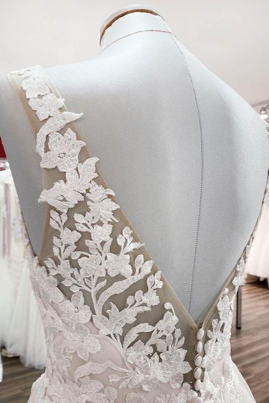 Long A-line Tulle V Neck Open Back Wedding Dress with Appliques Lace