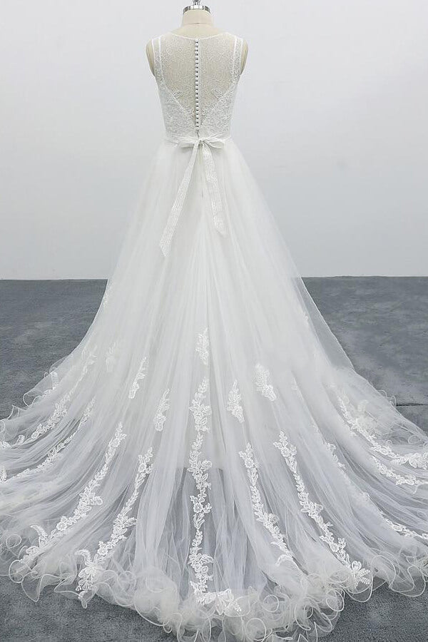 Long Sweetheart Appliques Lace Tulle A-line Wedding Dress