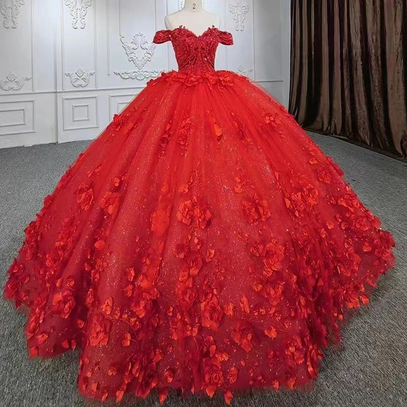 Gorgeous Red Long Ball Gown Off the Shoulder Tulle Lace Wedding Dresses