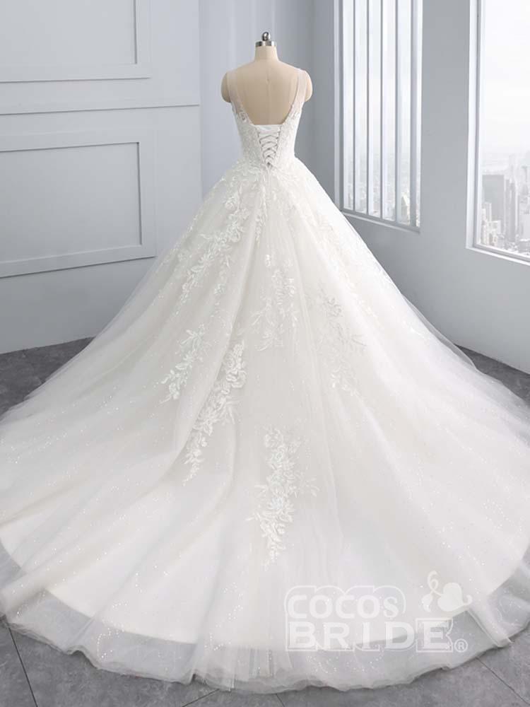 Gorgeous Ivory Long Tulle Lace-Up Sweep Train Ball Gown Wedding Dresses
