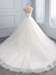 Gorgeous Ivory Long Tulle Lace-Up Sweep Train Ball Gown Wedding Dresses