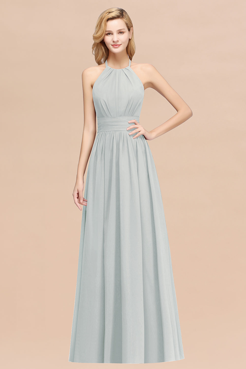 A-line Chiffon Appliques Halter Sleeveless Floor Length Bridesmaid Dresses with Ruffles