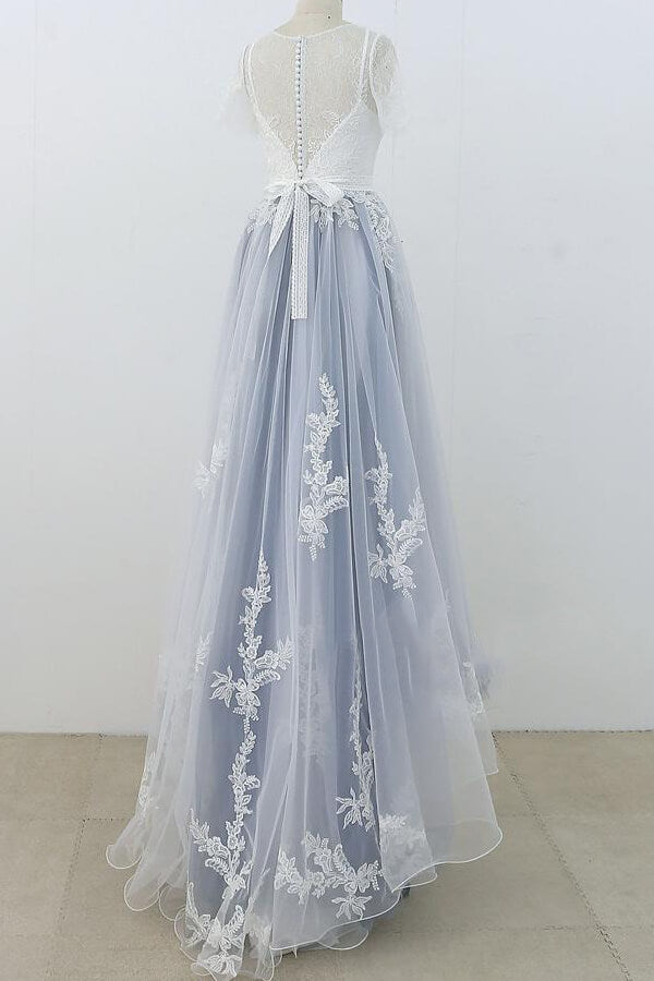 Long Appliques Lace Tulle A-line Wedding Dress es with Short Sleeve