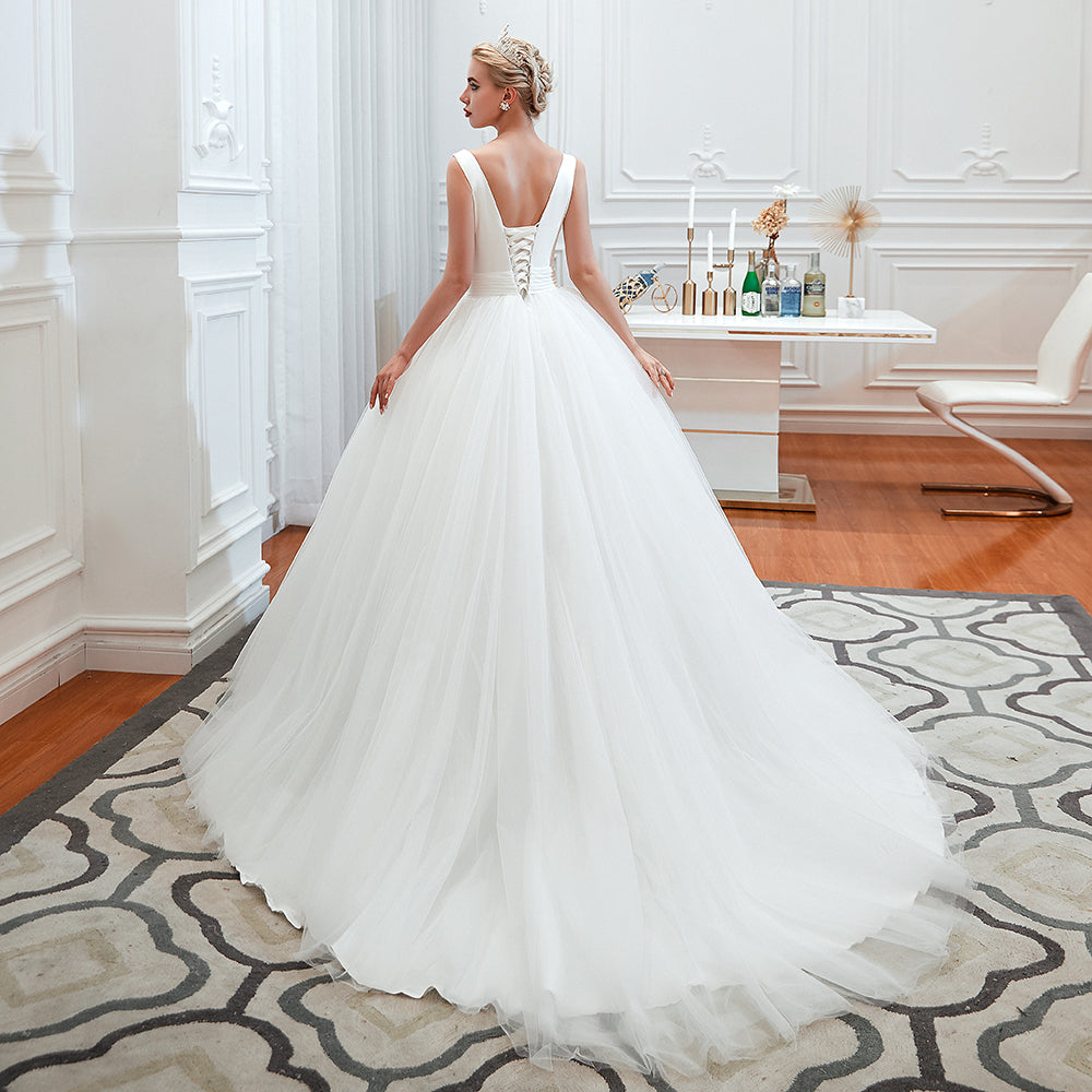 Long A-Line Tulle Wide Straps Deep V-neck Floor Length Wedding Dress