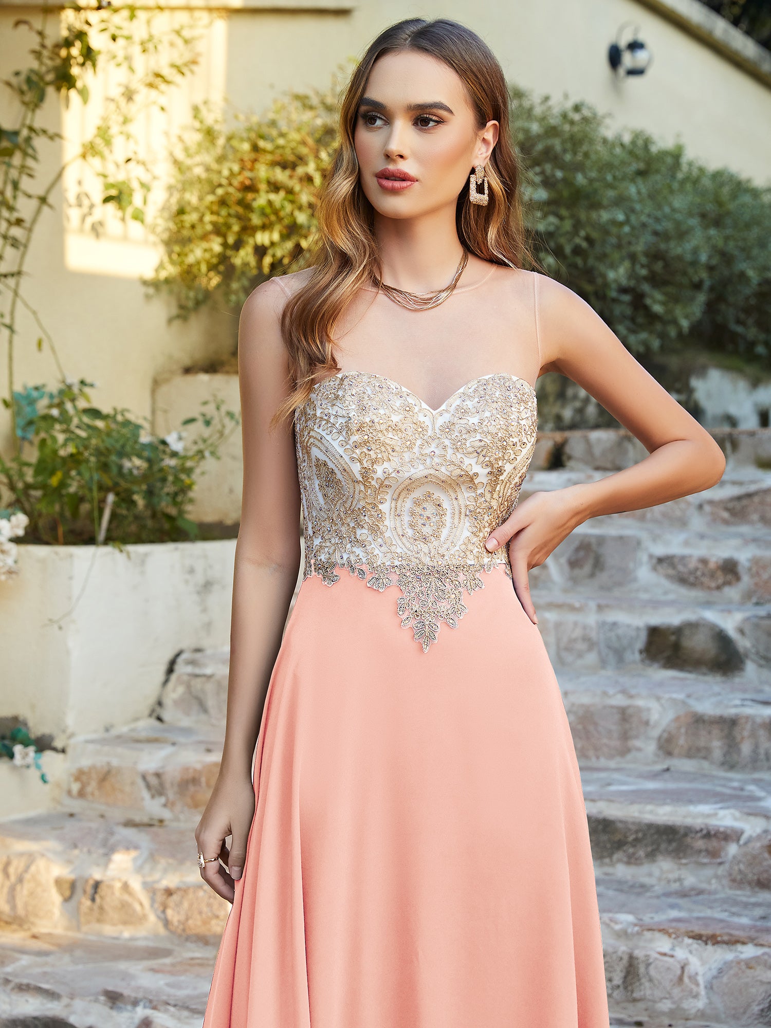 Elegant Long A-line Chiffon Sleeveless Tulle Lace Appliques Prom Dress