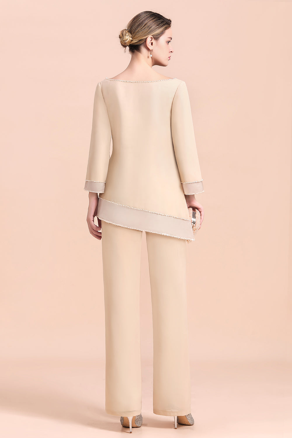 Chic Champagne Chiffon Long Sleeve Mother of Bride Jumpsuit