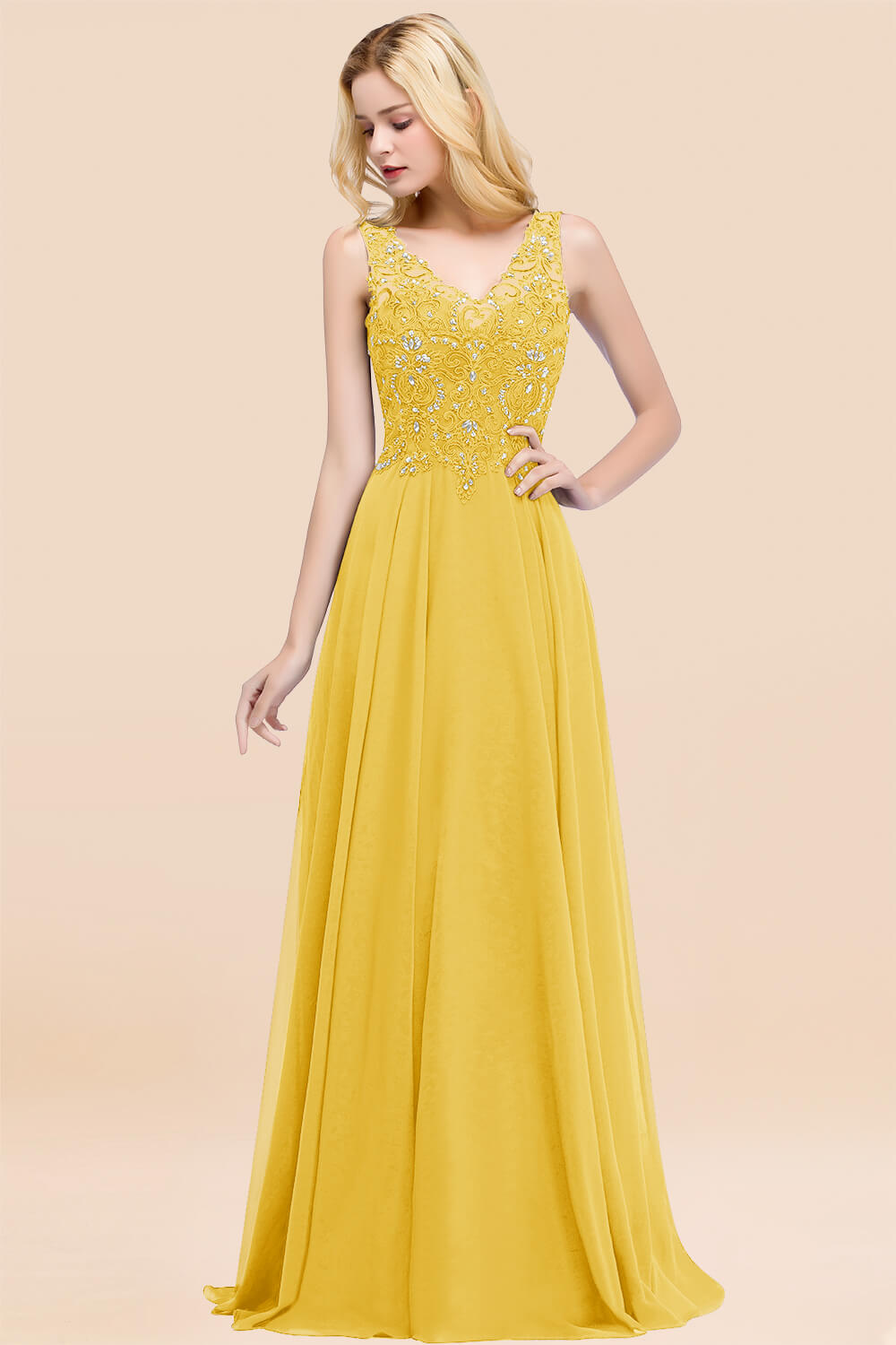 A-line Chiffon Appliques V-neck Sleeveless Floor Length Bridesmaid Dresses with Crystals