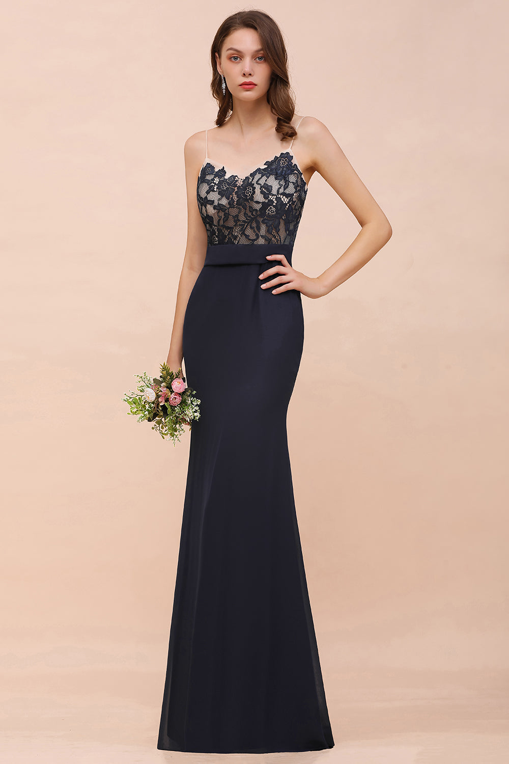 Chic Long Mermaid Spaghetti Straps Chiffon Dark Navy Bridesmaid Dress