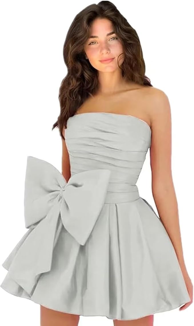 Simple Short A-line Strapless Sleeveless Ruffle Satin Homecoming Dress