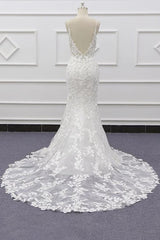 Long Sweetheart Spaghetti Strap Appliques Lace Mermaid Wedding Dress