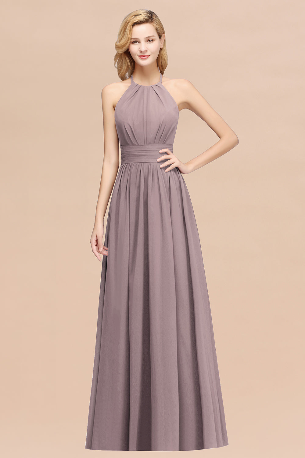 A-line Chiffon Appliques Halter Sleeveless Floor Length Bridesmaid Dresses with Ruffles