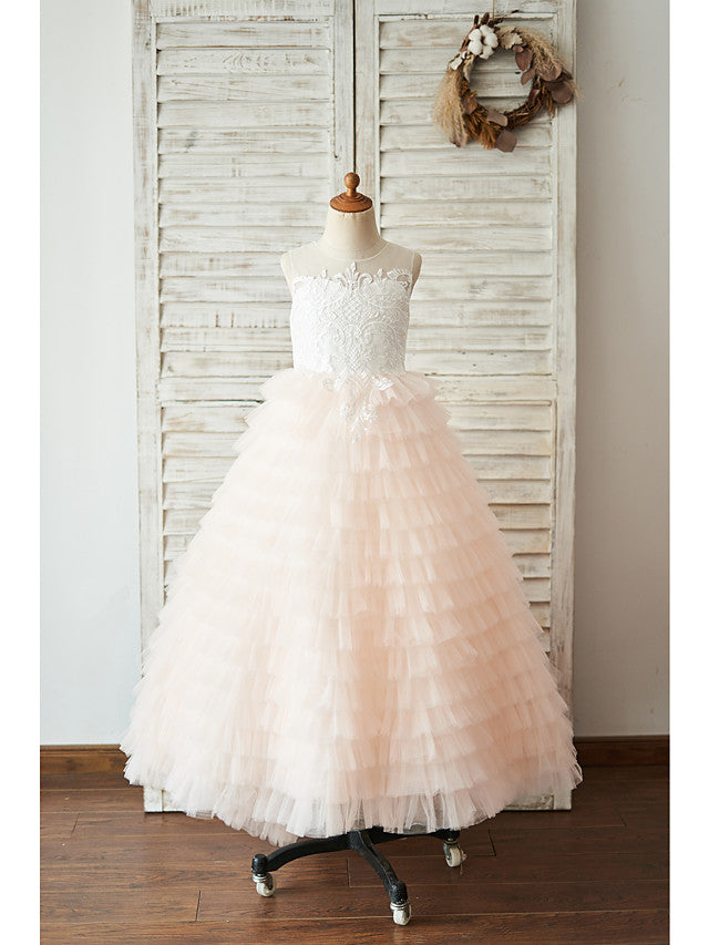 Long A-line Tulle Sleeveless Jewel Neck Birthday Party Girl Dresses