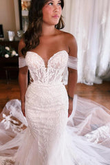 Mermaid Off the Shoulder Sweetheart Tulle Lace Long Wedding Dress with Appliques