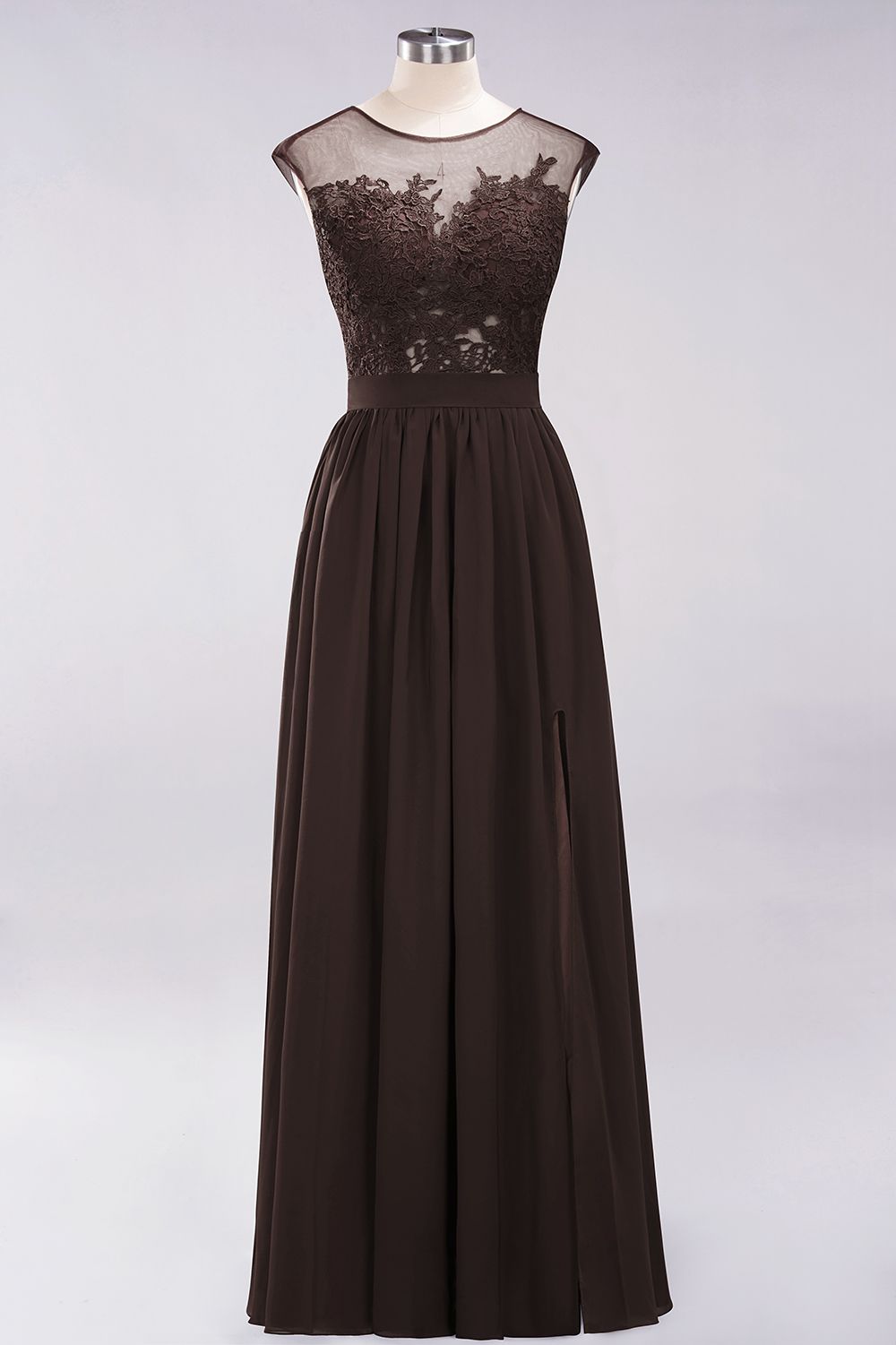 A-line Chiffon Lace Jewel Sleeveless Floor Length Bridesmaid Dresses with Appliques