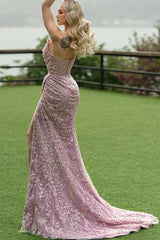 Long Mermaid Strapless Tulle Appliques Lace Floor Length Prom Dress with Slit