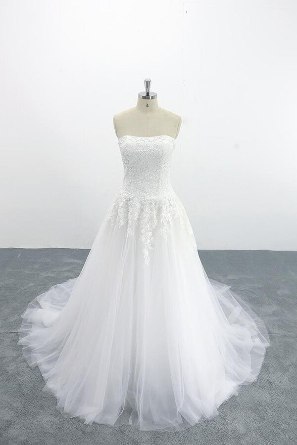 Long A-line Strapless Appliques Lace Tulle Wedding Dress