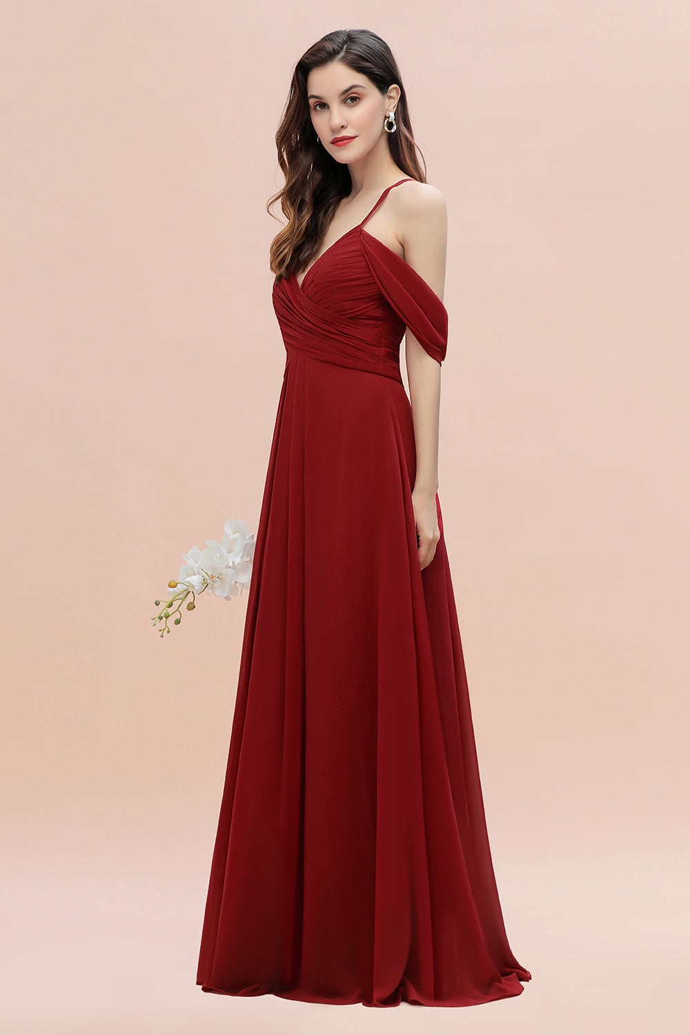 Elegant Long A-line Chiffon V-neck Bridesmaid Dress with Straps Cross Back