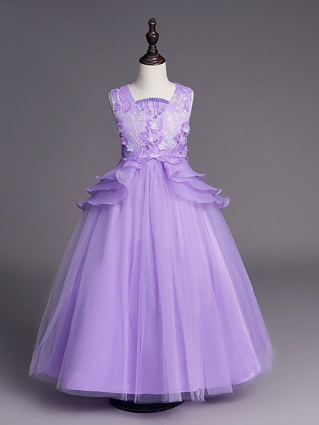 White Long A-line Tull Lace Sleeveless Jewel Neck Flower Girl Dresses