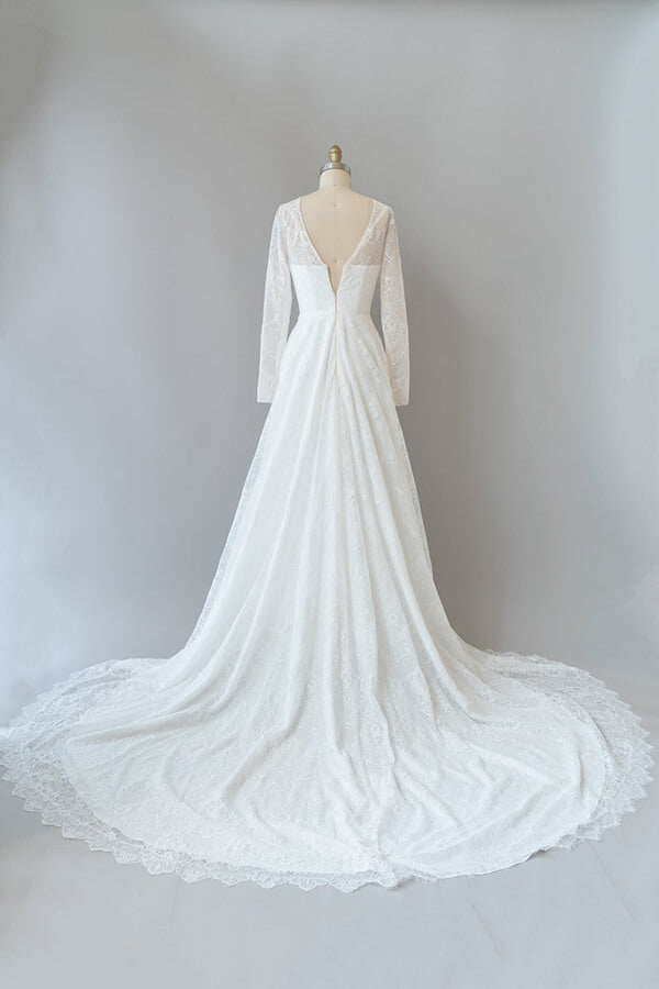 Long Tulle Illusion Long Sleeves Lace Backless A-line Wedding Dress