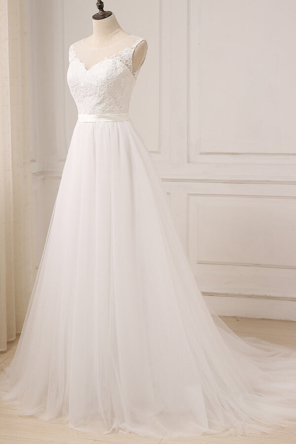 Elegant Long Lace Tulle A-line Backless Wedding Dress