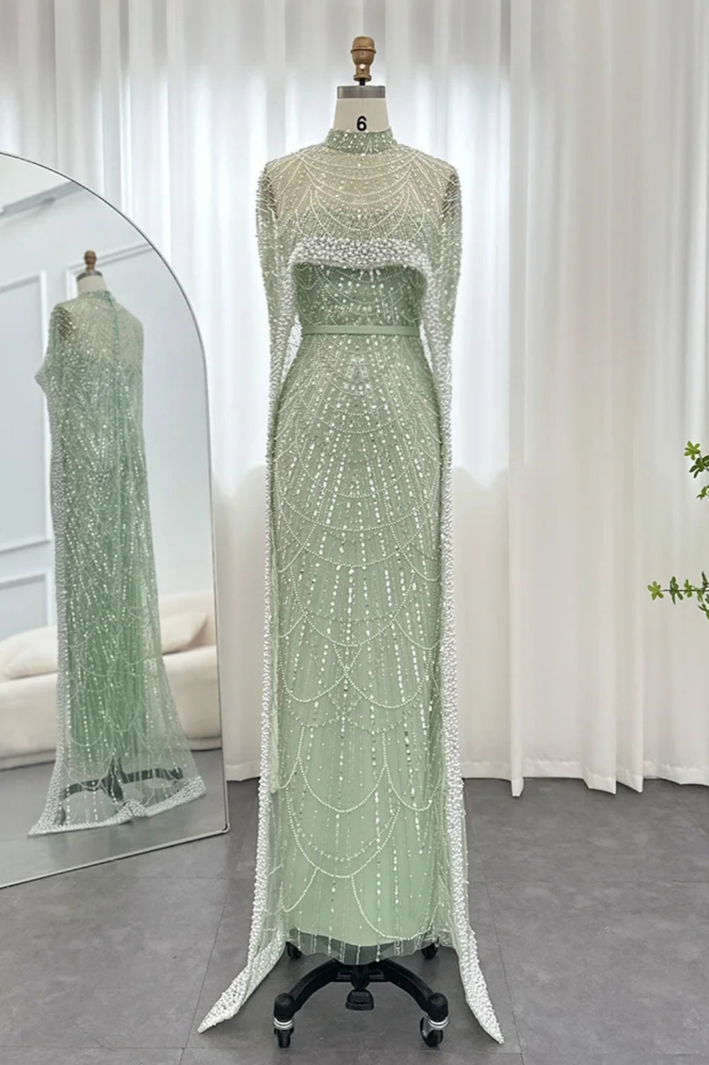 Elegant Long Mermaid High Neck Formal Evening Dress with Beads