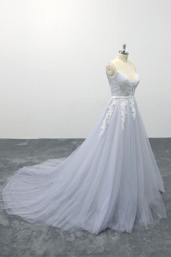 Long Applique Tulle Spaghetti Strap A-line Backless Wedding Dress