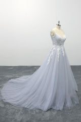 Long Applique Tulle Spaghetti Strap A-line Backless Wedding Dress