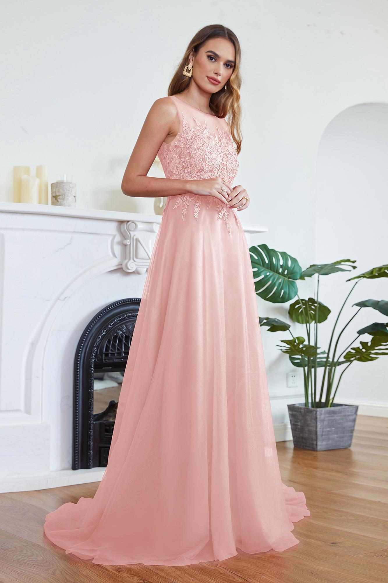 A-line Long Sleeveless Scoop Neck Tulle Lace Appliques Formal Evening Dress