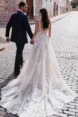 V-Neck A-line Backless Long Tulle Appliques Lace Wedding Dress with Slit