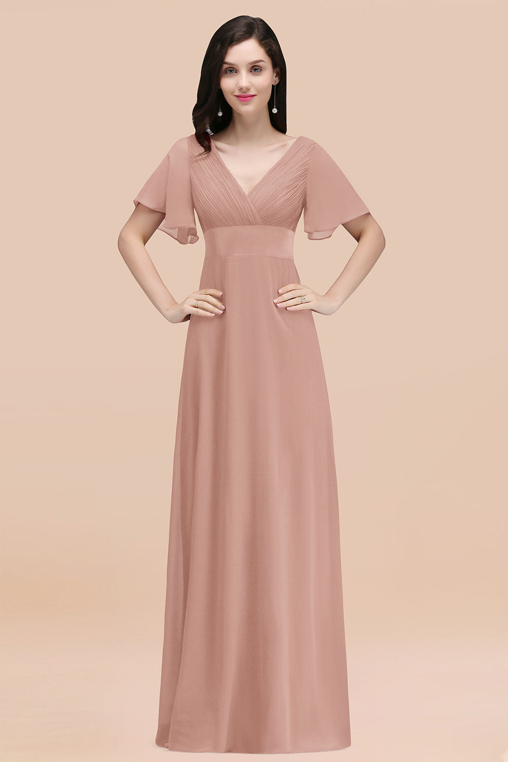 Simple A-Line Chiffon V-Neck Short Sleeves Ruffles Floor Length Bridesmaid Dresses