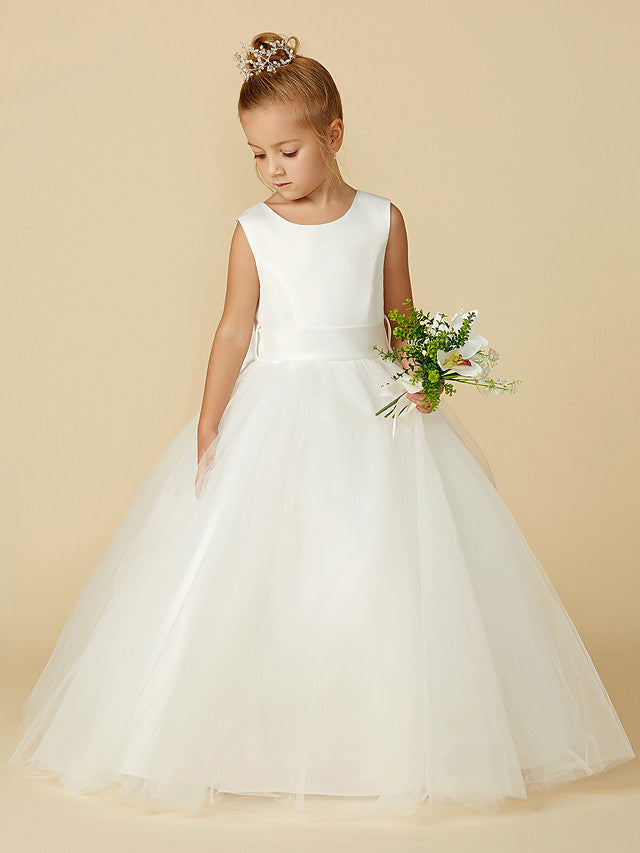 Long A-line Tulle Sleeveless Jewel Neck Satin First Communion Flower Girl Dresses