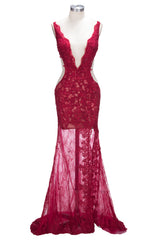 Mermaid Front Split Sleeveless V-neck Lace Appliques Long Prom Dresses