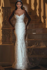 Long Open Back V Neck Spaghetti Straps Lace Mermaid Floor Length Wedding Dress