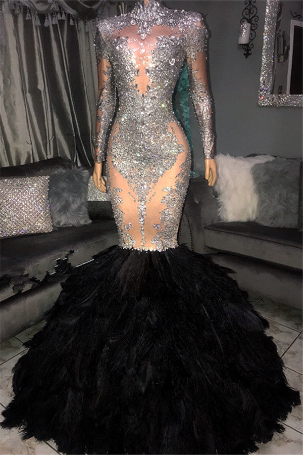 Black Long Mermaid High Neck Sequined Prom Dress with Sleeves