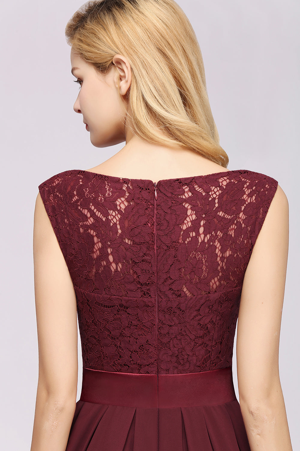 A-line Chiffon Lace Jewel Sleeveless Ruffles Floor Length Bridesmaid Dress