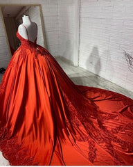 Long Red Sweetheart Spaghetti Straps Backless Appliques Lace Satin Ball Gown Wedding Dress