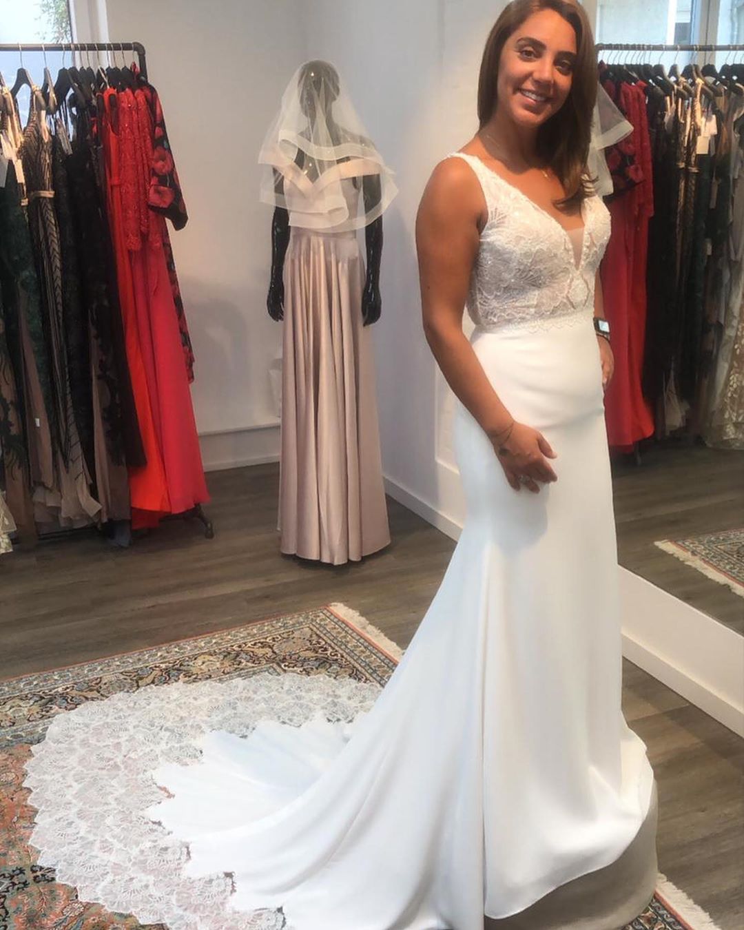 Simple Long V-neck Open Back Spaghetti Straps Appliques Lace Satin Mermaid Wedding Dress