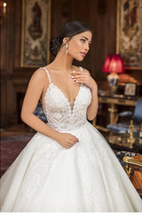 Gorgeous Long A-line Spaghetti Straps V-Neck Lace Backless Wedding Dress with Ruffles