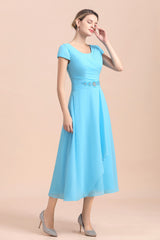 Blue Short Sleeves Chiffon Ruffles Tea-length Mother of the Bride Dress