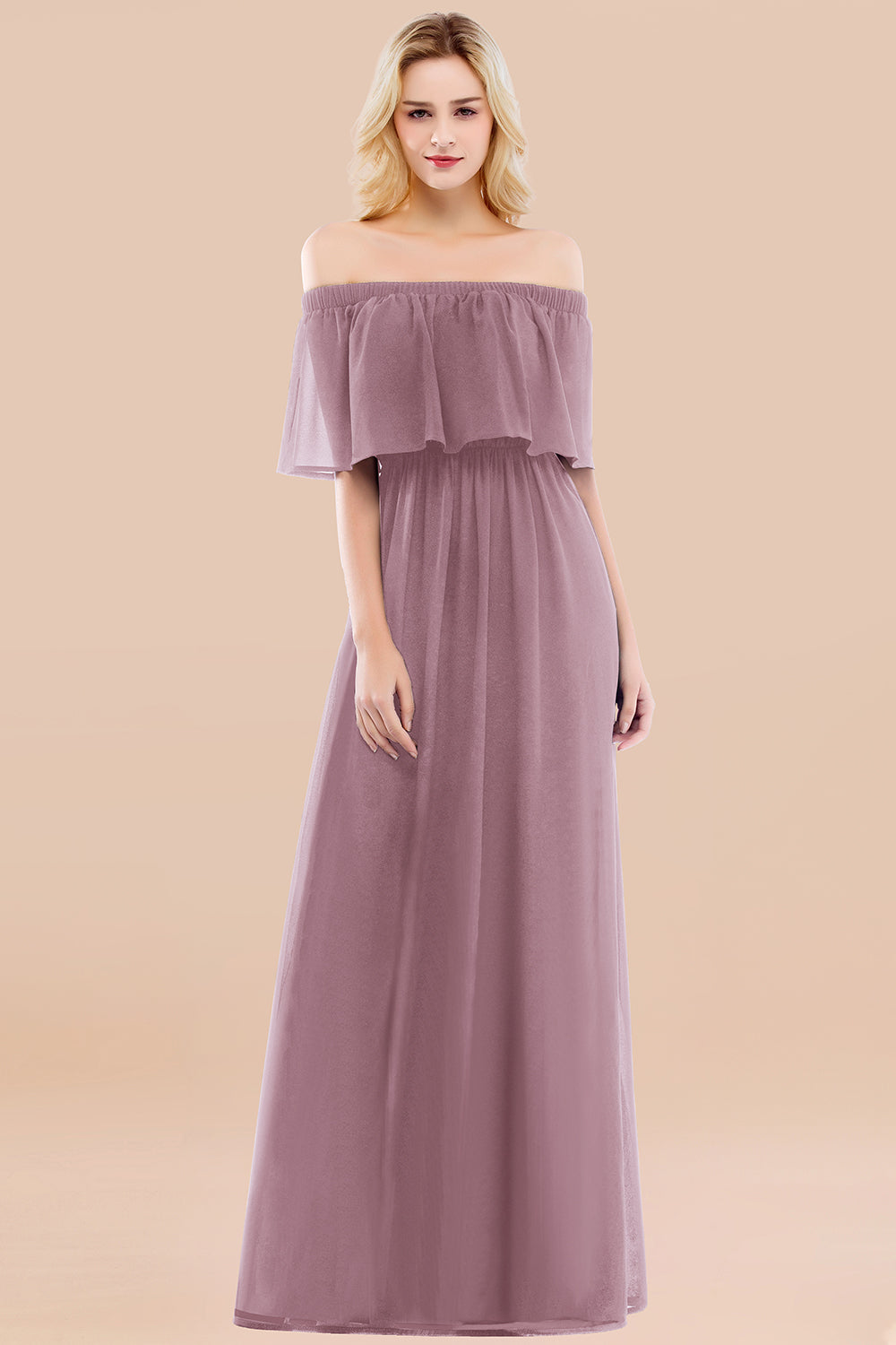 A-line Chiffon Off the Shoulder Short Sleeves Ruffles Floor Length Bridesmaid Dress