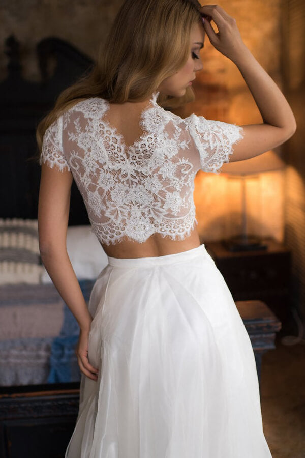 Long A-line Lace Tulle Two Piece Wedding Dress with Short Sleeve