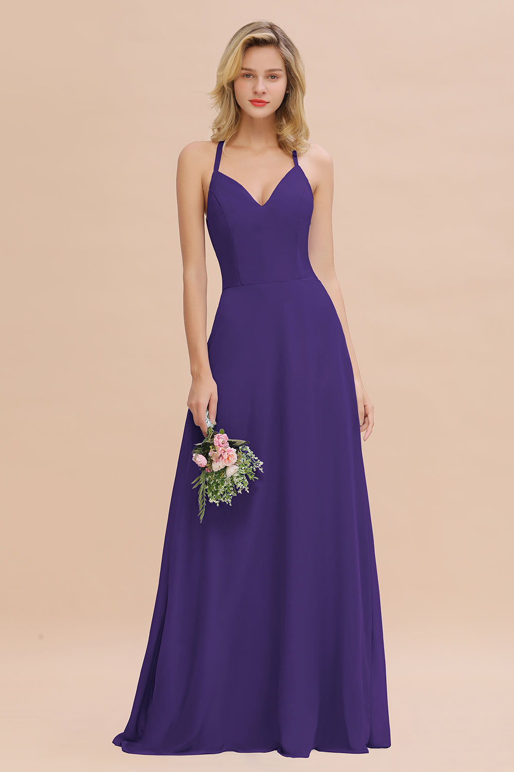 Stylish Chiffon Spaghetti Straps Sleeveless Long Bridesmaid Dress
